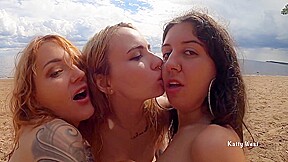Three Lesbians Strapon Each Other On A Public Beach